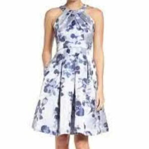 Eliza J Blue  White Leaf Botanical Fit and Flare Dress 10